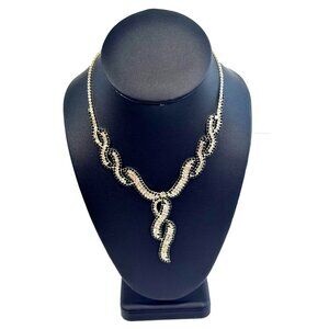 Vintage Bright Shiny Black Clear Rhinestone Twist Statement Choker Bib Necklace